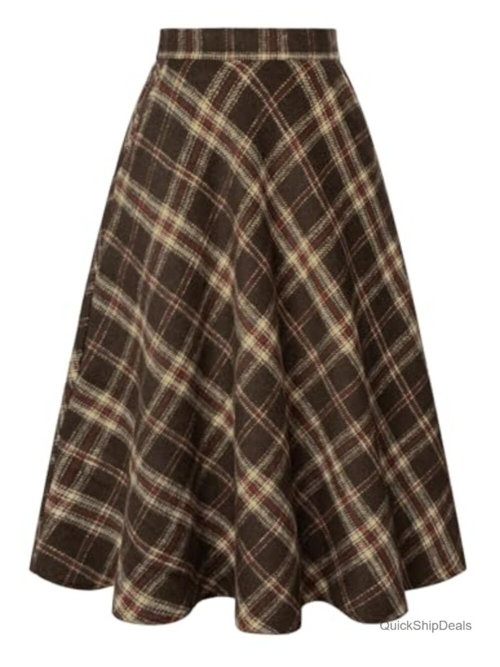 Plaid Midi Skirt with Pockets A-Line Elastic Waist Day Work